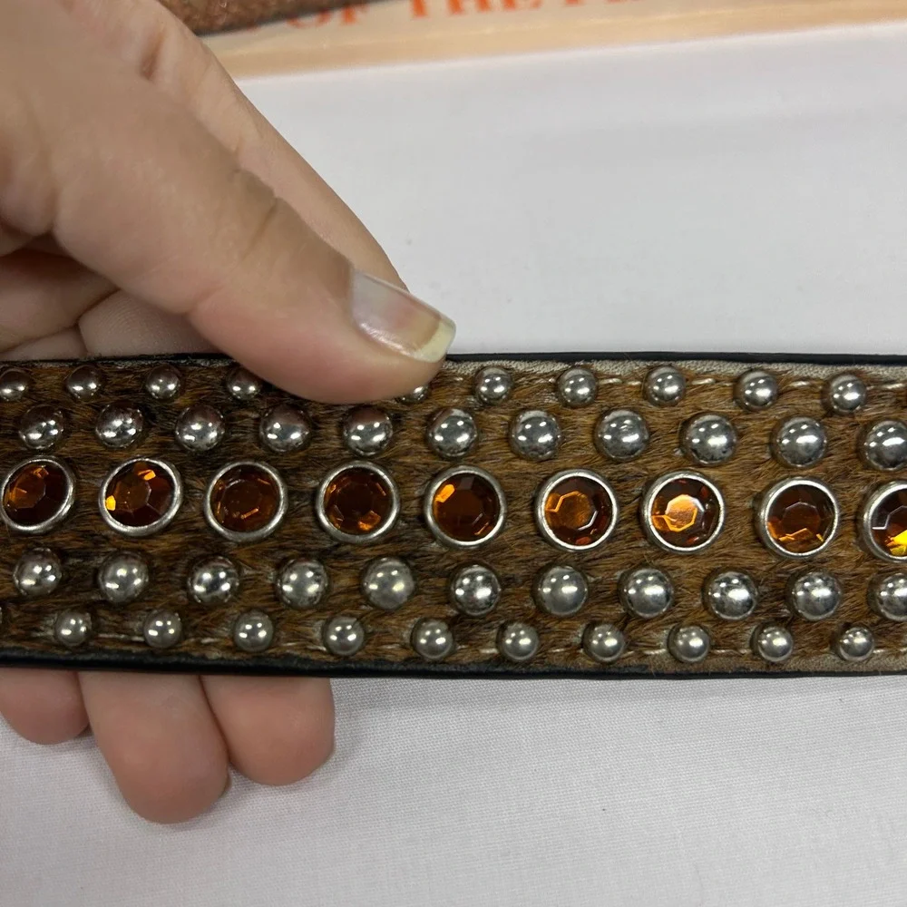 Western Brown Calf Hair Rhinestone Studded Belt – Silver Ornate Buckle (Size 32)